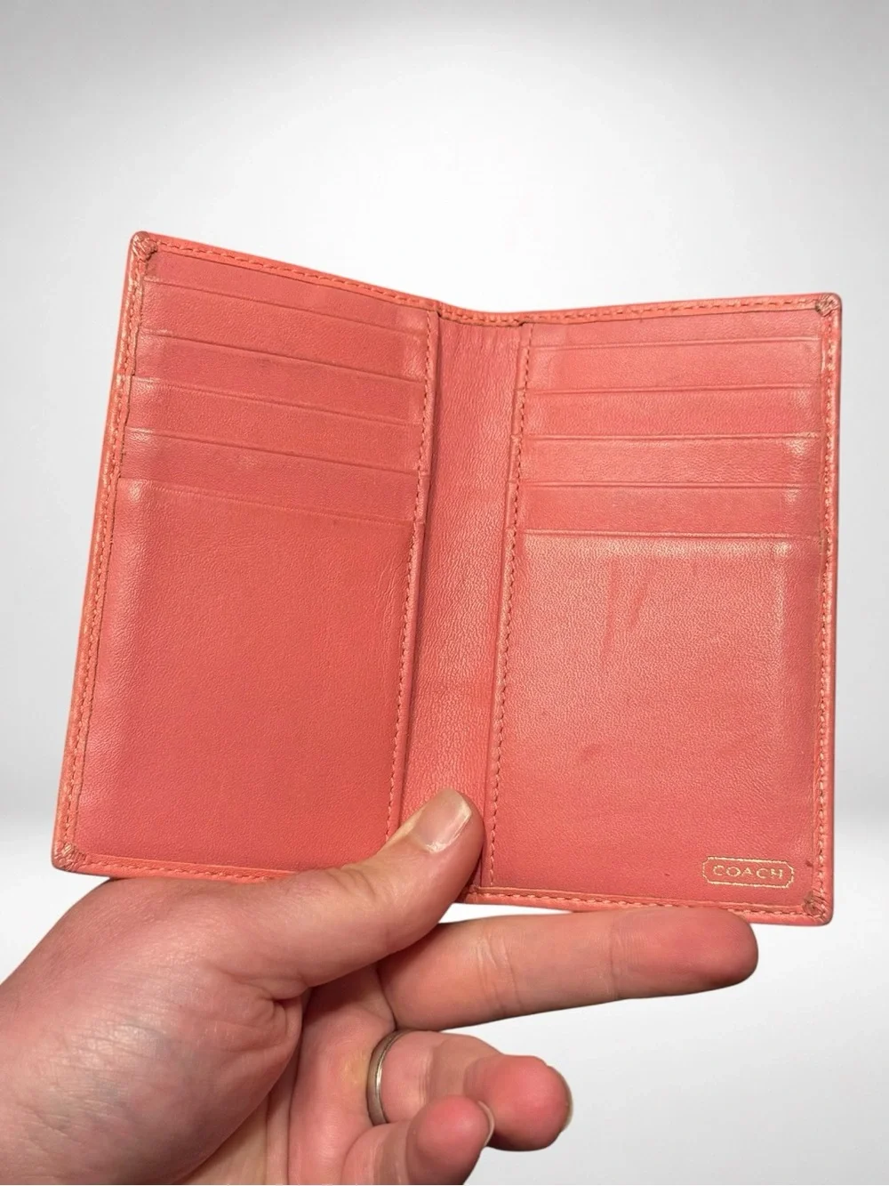 COACH Signature Card Case Wallet Khaki Coral Pink Leather Bifold Vintage Y2K